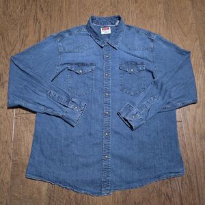 Wrangler Denim Pearl Snap Shirt Mens 2XL Blue Indigo Western Workwear Jean